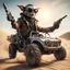 Placeholder: airbrush with pen outline, cool space mad max pimp preacher gremlin holding automatic pistol, and jumping with a dune buggy that looks a bit like a dog wearing driver gloves, wearing flip down sun glasses, in the style of a fallout 4,bokeh like f/0.8, tilt-shift lens 8k, high detail, smooth render, down-light, unreal engine, prize winning