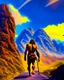 Placeholder: Imagina el hombre de Neandertal caminando de frente a la camara por montañas colores complementarios arte digital foto realista obra de arte hiperdetallada intrincada sombras 3D iluminación cinematografica 8k 3D cuerpo completo clima soleado nubes