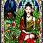 Placeholder: Stained Glass Art Nouveau art style A beautiful as a model asian woodland elf princess who looks like a young Lucy Liu seated on a throne surrounded by poppies and marijuana leaves in a mystical forest, photo-realistic