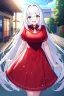 Placeholder: girl, masterpiece, best quality, cinematic lighting, detailed outfit, vibrant colors, perfect eyes, white hair, very long hair, blue eyes, Happy Valentine, sidewalk, under tree, laughing, sparkle, depth of field, indoors, god rays, glowing light, ray tracing, red dress,