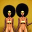 Placeholder: Biologically Female African American Twins, black skin, tall and slender, long afro kinky hair,big brown eyes, long eyelashes warrior wear. Big butts. Gold accents on clothing. Surround by trees. Holding golden spears. Starry night