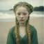 Placeholder: Old autochrome of devon aoki ,with orange cheeks, strange green braids. On the beach, in 1830