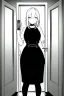 Placeholder: girl is standing outside a door, fisheye camera, greyscale