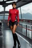 Placeholder: Ultra photograph like image of Halle Berry wearing a Star Trek Original Series red uniform and black boots. She has shortish hair and ample bosoms. She stands in front of her station on the Bridge.