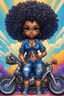 Placeholder: create an pshchedelic art illustration of a chibi cartoon voluptuous black female wearing a blue jean outfit with a tie dye tshirt with biker boots. Prominent make up with hazel eyes. Extremely highly detail of a tight curly black and shiny afro. Background of a bike show