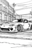 Placeholder: coloring page, car Toyota Supra alternative parked on the asphalt street, cartoon style, thick lines, few details, no shadows, no colors, centered in the image