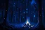 Placeholder: campfire in the night, tree trunks on ground, forest, dark blue glowing light, fantasy, magic, dark, stars, sparkle