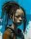 Placeholder: arafed minimal crude sketchy, abstract acrylic and ink painting: gritty post-apocalyptic portrait of a Black woman with dreadlocks and a mechanical headpiece. Her crude and vague face features dirt and bright blue paint. She wears distressed brown clothing against an abstract background of vertical cyan and brown paint streaks