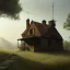 Placeholder: Abandoned house, brick walls, highly detailed, hill in the background, two windows on the front wall, with roof, concept art by Greg Rutkowski