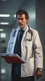 Placeholder: photorealistic hyperdetailed portait of a doctor holding a clipboard and frowning