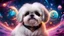 Placeholder: fluffy large eyed happy baby white-gold shih-tzu in sith lord uniform in the distance a colorful intricate HEART shaped planet similar to earth in a brig ażht nebula. sparkles. Cinematic lighting,vast distances, swirl. fairies. magical DARKNESS. SHARP. EXTREME DEPTH. jellyfish