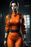 Placeholder: Alcina Dimitrescu From Resident Evil 8 As An Arkham Asylum Inmate, wearing an orange inmate jumpsuit, with a special collar to stop her from using her powers, digital art