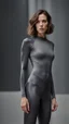Placeholder: photography of a beautiful anorexic woman, grey satin triathlon top, sports illustrated, brunette short wavy bob haircut, pronounced sternum, flat chest, anthracite short leggins