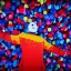 Placeholder: red, yellow, blue, primary colors, funny, goofy, abstract blob, circus, party, glitter, bokeh blur, guassian blur, tilt-shift, photograph, HD, 8k, hyper realistic, blender, 3d model, rendering, clown, bright lights, zoom in, portrait