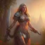 Placeholder: cinematic, majestic female barbarian, bodybuilder woman, bokeh, castle fortress, by thomas kinkade mark keathley terry redlin