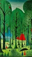 Placeholder: A green forest with giant trees designed in Mayan architecture painted by Joan Miro