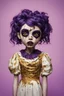 Placeholder: full color, illustration of a darkpurple and gold tones, menacing, Singer Melanie Martinez face, as a decayed, broken, crude homemade cloth doll toy, with a narrow cracked porcelain face, thick dark eyebrows, hair in two gradually, made from ragged strips of cloth, in the style of Alex Pardee, Tim Burton, and Nadya Sheremet