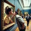 Placeholder: Mona Lisa comes out of the picture and kisses a young navy officer who is standing in the museum looking at her picture