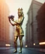 Placeholder: Statue of Queen of photography holding camera in hands. Cute blonde woman. Photographer in golden crown. Standing on the street. Big camera in her hand. hyperdetailed, photorealistic, trending on artstation, greg rutkowski, beksinski, kodachrome, volumetric lighting, gold and cyan