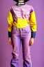 Placeholder: Photograph of a woman. Huge prints on denim,terracotta, cream and purple, lilac. Cream colored latex parts. Low waist jeans!!!Baggy, 1996!imperial yellow, red plum mixed stripes, only on top half of t-shirt. Plant print.European daft punk woman. Mantle is sewed of recycled Denim and sewed together of recycled polymer felt. lace, Yellow(Munsell) areas. hint of orange as effect color!!Big bright purple/khaki felt tippet and cream or blue or lilac colored-hood. mantle is merged with cobalt boler