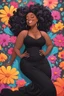 Placeholder: A sassy thick-lined chalk art style cartoon black female lounging lazily on her side, surrounded by colorful large flower petals. her curvy body silhouette a black maxi dress. Looking up coyly, she grins widely, showing teeth. Her poofy hair forms a mane framing her confident, regal expression.