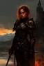 Placeholder: A formidable warrior girl in black armor, on the background Amazing gloomy landscape, flooded with sunset, mountains, trees, fabulous scary hero, , juicy emotions, painting, dark fantasy, gloomy day, dark world, portrait, Gothic Town At Night, Fantasy, Intricate Details, Castle Courtyard Gardens, Hyper Detailed, Jean Baptiste Monge, Carne Griffiths, Michael Garmash, Seb Mckinnon, Masterpiece