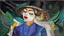 Placeholder: abstract paint from Lady in big hat , vibrant colors, folk art, non-figurative mode, style combined abstract art with dadaism, patchs, black lines, surrealism style