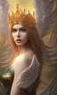 Placeholder: Female angel with beautiful face big wings and golden crown floating above the ground in the dark enviroment, michelangelo style, detailed, world of warcraft style, dark forest, trees, lightferry