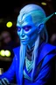 Placeholder: serene blue-skinned alien mystic with white hair in star wars cantina, androgynous, with long neck
