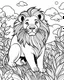 Placeholder: create a 2d black outline, "safari lion coloring book for kids ", coloring page, low details design, black contour, coloring page design, simple background, colorful , card style, coloring page for kids, white background, sketch style, cartioon style, safari landscape