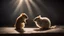 Placeholder: romantic photograph of two small animals in a loving relationship, halo lighting, chiaroscuro, beautiful photo