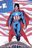 Placeholder: 20-year-old, extremely muscular, short, curly, buzz-cut, military-style haircut, pitch black hair, Paul Stanley/Elvis Presley/Keanu Reeves/Pierce Brosnan/Jon Bernthal/Sean Bean/Dolph Lundgren/Patrick Swayze/ hybrid, as the extremely muscular Superhero "SUPERSONIC" in an original patriotic red, white and blue, "Supersonic" suit with an America Flag Cape,