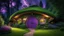 Placeholder: hobbit cottage in the woods surrounded by trees, night, whimsical feel, pinks, blues, purple and green colors, circular hobbit-style door, circular hobbit-style windows, green grass roof, starlight, chiaroscuro, quaint, homely, inviting, LOTR, Tolkien