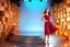 Placeholder: a pretty stage made of metallic color 3d recursive cubic and sphere base structures and a beautiful fashion model lady posing with joy and cute ,with dark red top and pretty pleated midi skirt ,makeup curvy long hair,dynamic camera zoom to full body and pan, dynamic lights.