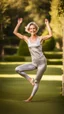 Placeholder: anorexic yoga woman, androgynous, model body, satin silver leggins, satin silver yoga top, medium length wavy bob haircut, jumping up, smiling at camera, raw