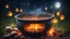 Placeholder: delicious stew bubbling in a cauldron suspended over heat, outside, night, stars, moon, fireflies, award-winning photograph, beautiful composition, exquisite detail and illumination