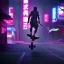 Placeholder: photo of a ninja riding a skateboard; in an alternate universe in tokyo; cyberpunk; realistic; rain; neon signs