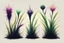 Placeholder: Isolated concept art of 5 alien grass on a neutral background. Strange fictional extraterrestrial flora with unusual shapes, glowing details, thorns, spines, tendrils, roots, and exotic flowers. Each plant designed with unique silhouette and fantasy colors, digital painting style, detailed textures, science fiction botanical illustration, no background, no landscape.