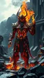 Placeholder: 32K resolution, 64 megapixels, HDR. God of Flames and Steel; A hyper-realistic god of fire, his molten bronze body covered in glowing magma-like armor, standing tall amidst a futuristic industrial landscape. His eyes burn like embers, with trails of flame igniting from his fingertips. The intricate detailing of his steel-and-lava-infused body contrasts with the sleek, cold metal environment around him. The dramatic lighting enhances the glow of his molten form, while the scene is crafted with a