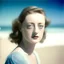 Placeholder: Young Bette davis, ethereal, blue eyes, on the beach