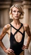 Placeholder: beautiful anorexic woman, total shot, short shiny black triathlon swimsuit, short blond wavy bob hair, blurred concrete background