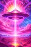 Placeholder: vaisseau interdimensionnel de couleur rose, grands rayonnements, dans un cosmos rose et jeu très étoilé d'or, 8K,ufo rainbow