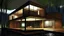 Placeholder: A modern, minimalist house with a wooden exterior and large windows overlooking a natural landscape at night