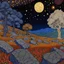 Placeholder: Colourful, peaceful, Gustav Klimt , Max Ernst, Vincent Van Gogh, night sky filled with galaxies and stars, rocks, trees, flowers, one-line drawing, sharp focus, 8k, deep 3d field, intricate, ornate