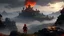 Placeholder: High quality medium shot of Mario on a hill, fantasy, epic, fire, ruins, dragon, demons, landscape, buff, backshot, fog