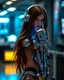 Placeholder: Beautiful woman super model brown long hair science fiction style humanoid half with full body cyborg mechanicals and cybernetics lights wearing headphones,she on standing sweet pose