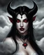 Placeholder: fantasy art, digital painting, a transparent succubus face ((in the clouds)), smirking, hate filled ((glowing red eyes)), vampire fangs, long silky black hair, beautiful face realistic face, white horns, wicked and evil, dark and gloomy atmosphere, close up, detailed, highres, fantasy, d&d, by Clyde Caldwell,
