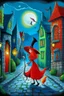 Placeholder: A little red-haired witch wearing a witchhat and holding a broom stick in her left hand is walking along an old paving-stone alley together with her colorful parrot flying next to her. Left and right hand are cute skewed witch's cottages, It's a full moon starry night a street sign says "Schwarze Petergasse", Mysterious