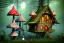 Placeholder: fly amanita house with windows in old forest connected by hanging bridge birds