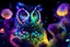 Placeholder: flowergarden, bodyscape double exposure owl portrait of a colorful intricated flowergarden, forest and colorful stars of sparks on the front of an insanely beautiful fluffy owl body with colorful fur of fluorescent light emitting fiber optics, standing in a dark place, playing with the fur, fluorescent pigment body painting style by John Poppleton and Bob Ross, diffused lighting, double exposure, blend, illusion, octane render, digital painting, extremely detailed, Award winning photography, 8k,